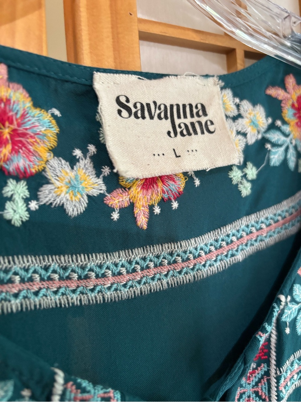 SAVANNAH JANE flowy rayon EMBROIDERED TOP summer boho garden TEAL GREEN large - Picture 3 of 6